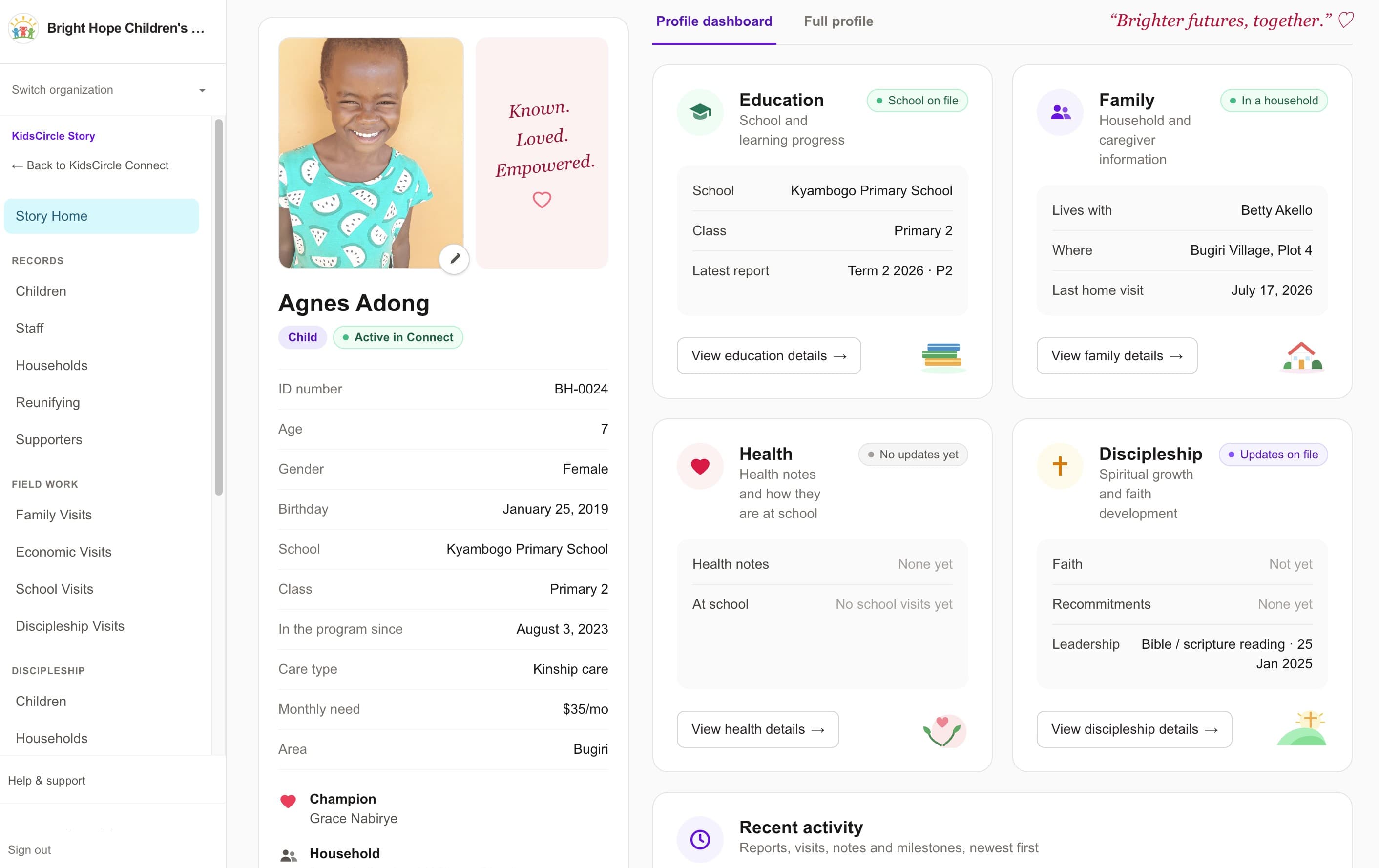 A child's profile in KidsCircle Story: photo and key facts on the left, with summary cards for education, family, health and discipleship, and recent activity