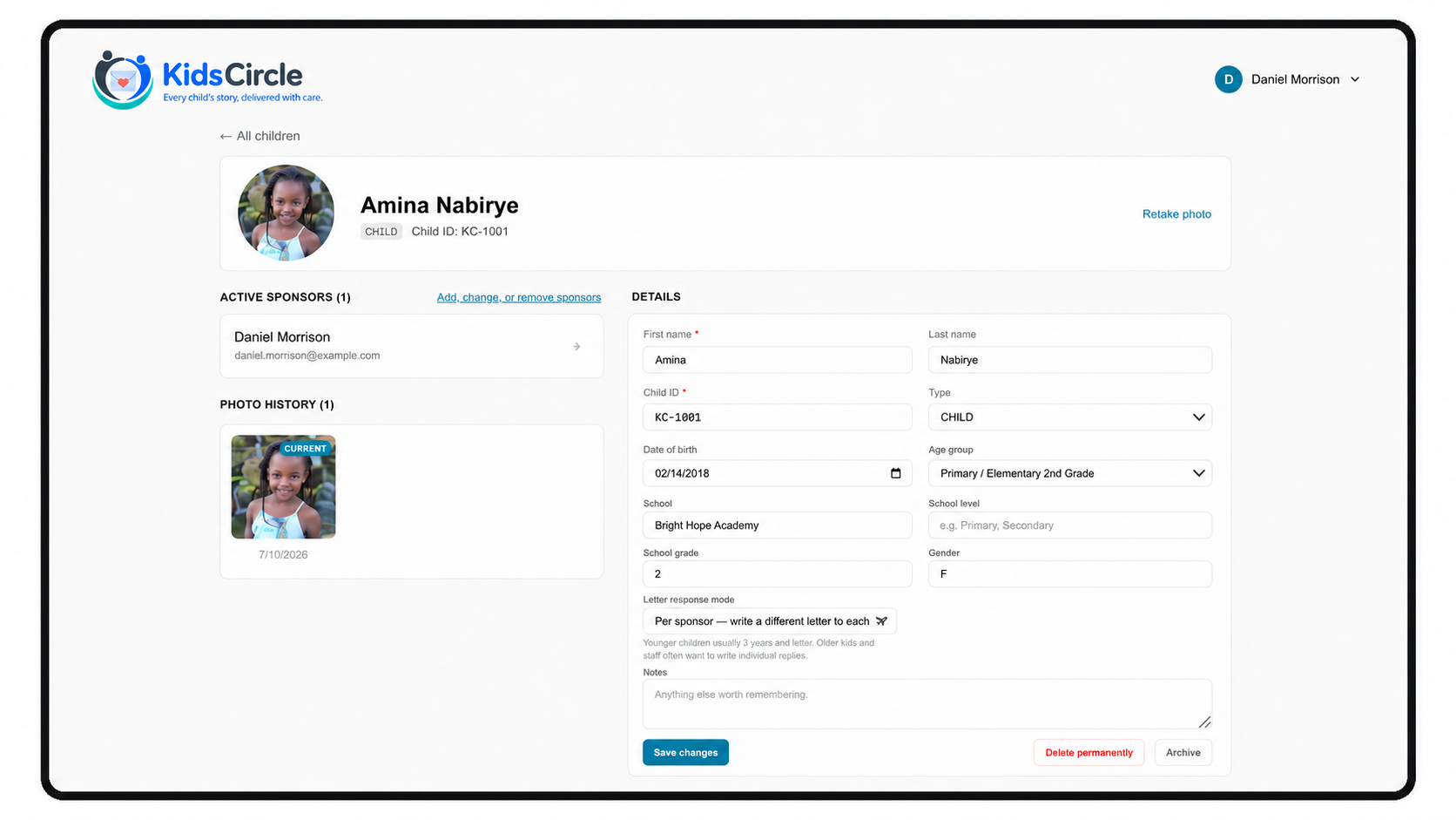 A child profile in KidsCircle with sponsors