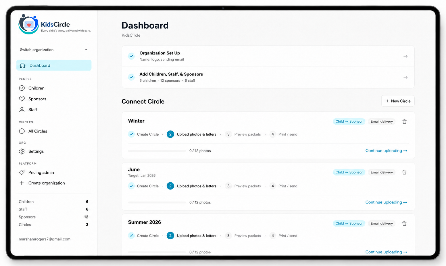 KidsCircle dashboard showing Circles in progress