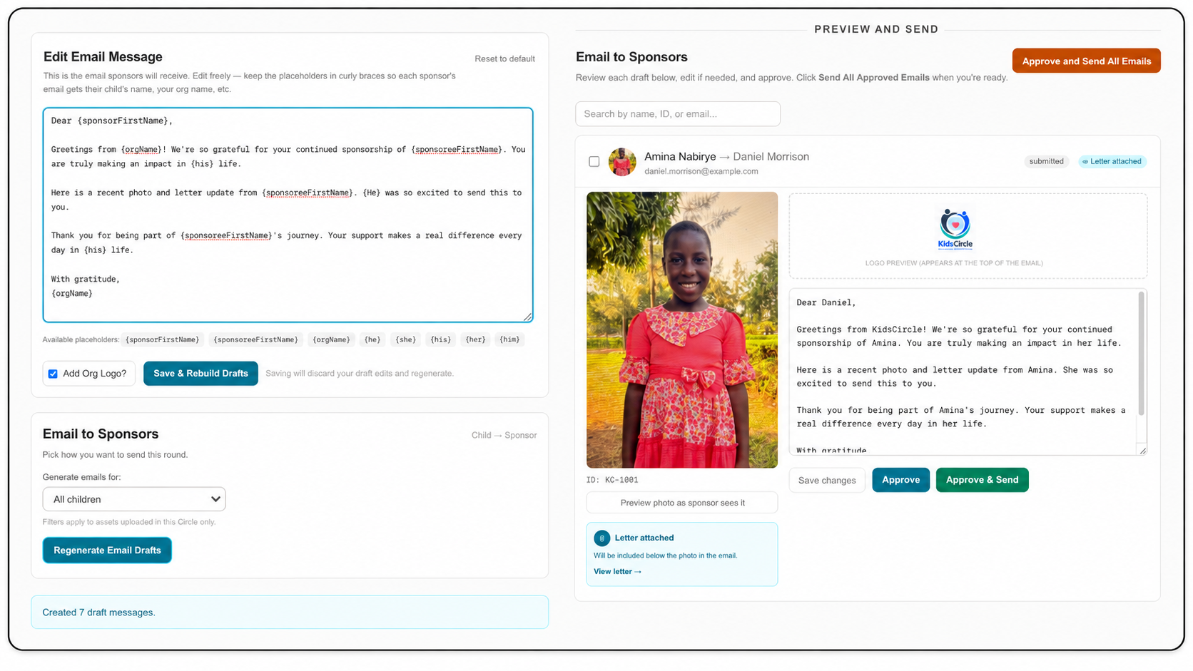A sponsor email with the child's photo and letter inside