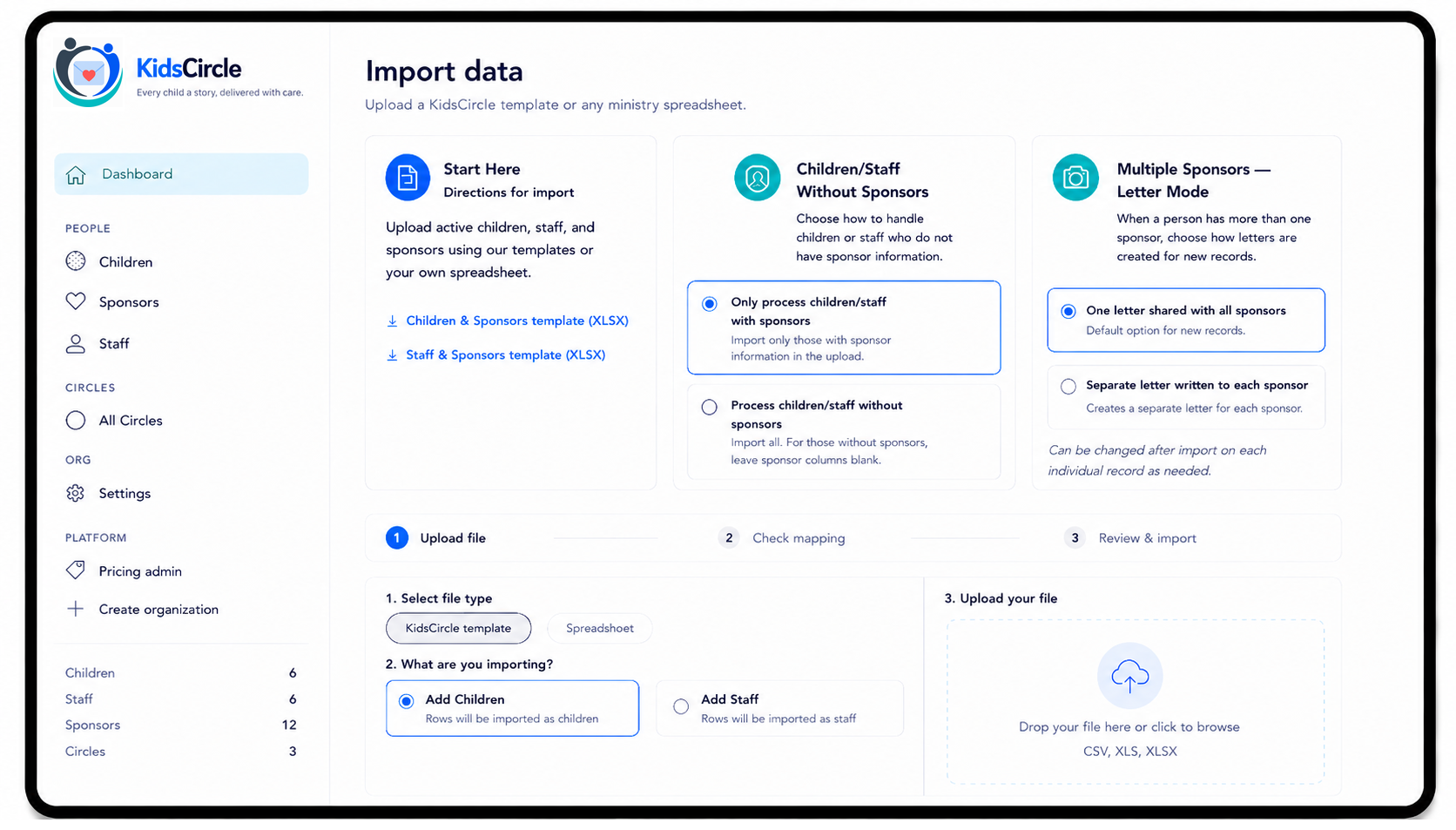 KidsCircle import data screen