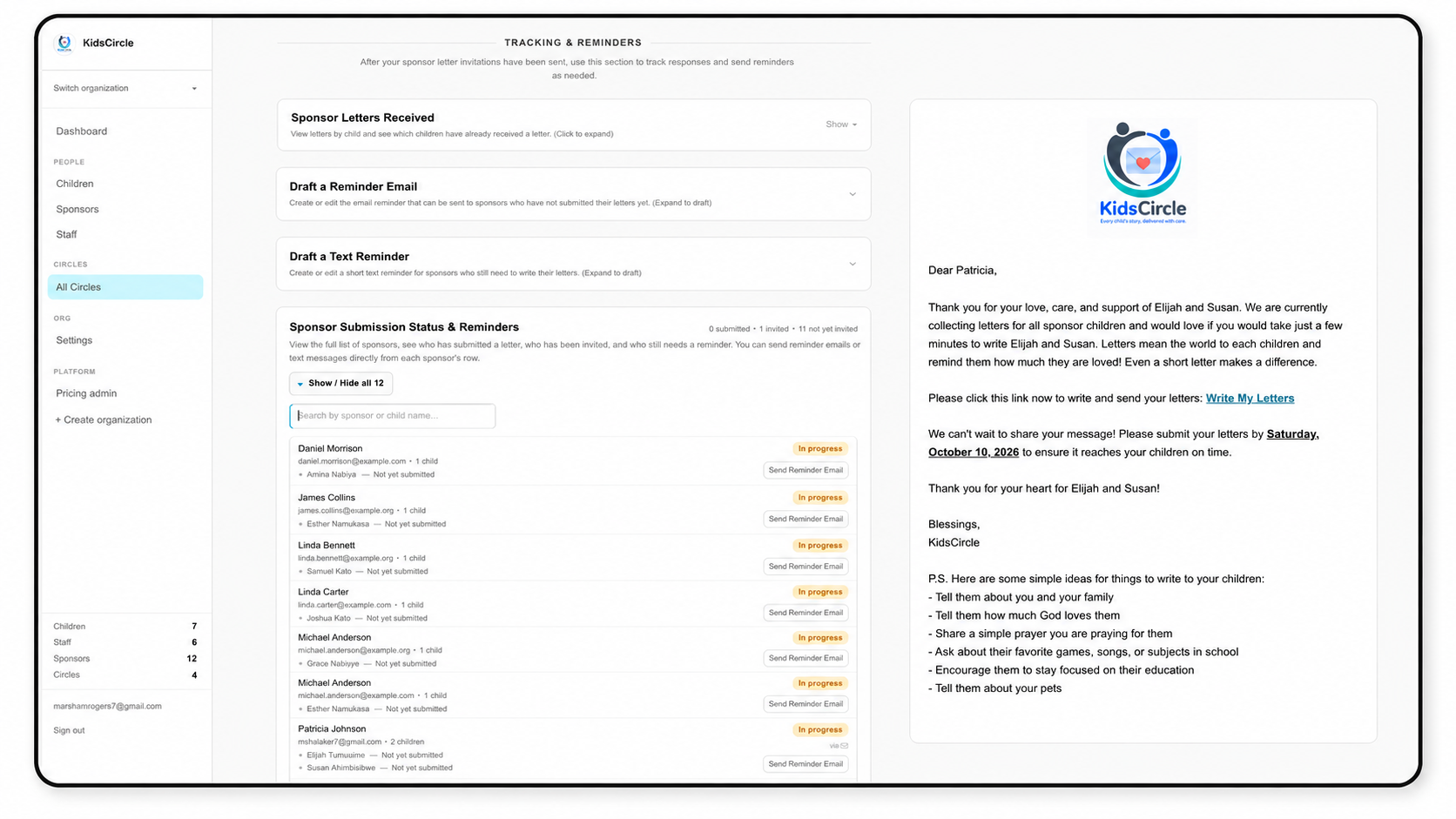 A branded sponsor invitation email from KidsCircle
