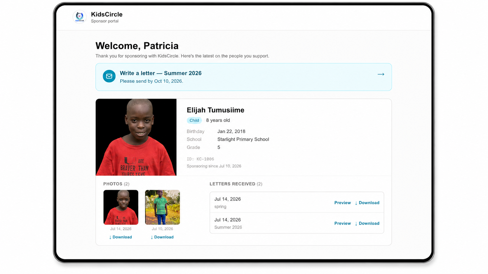 A sponsor's portal showing all the children they support