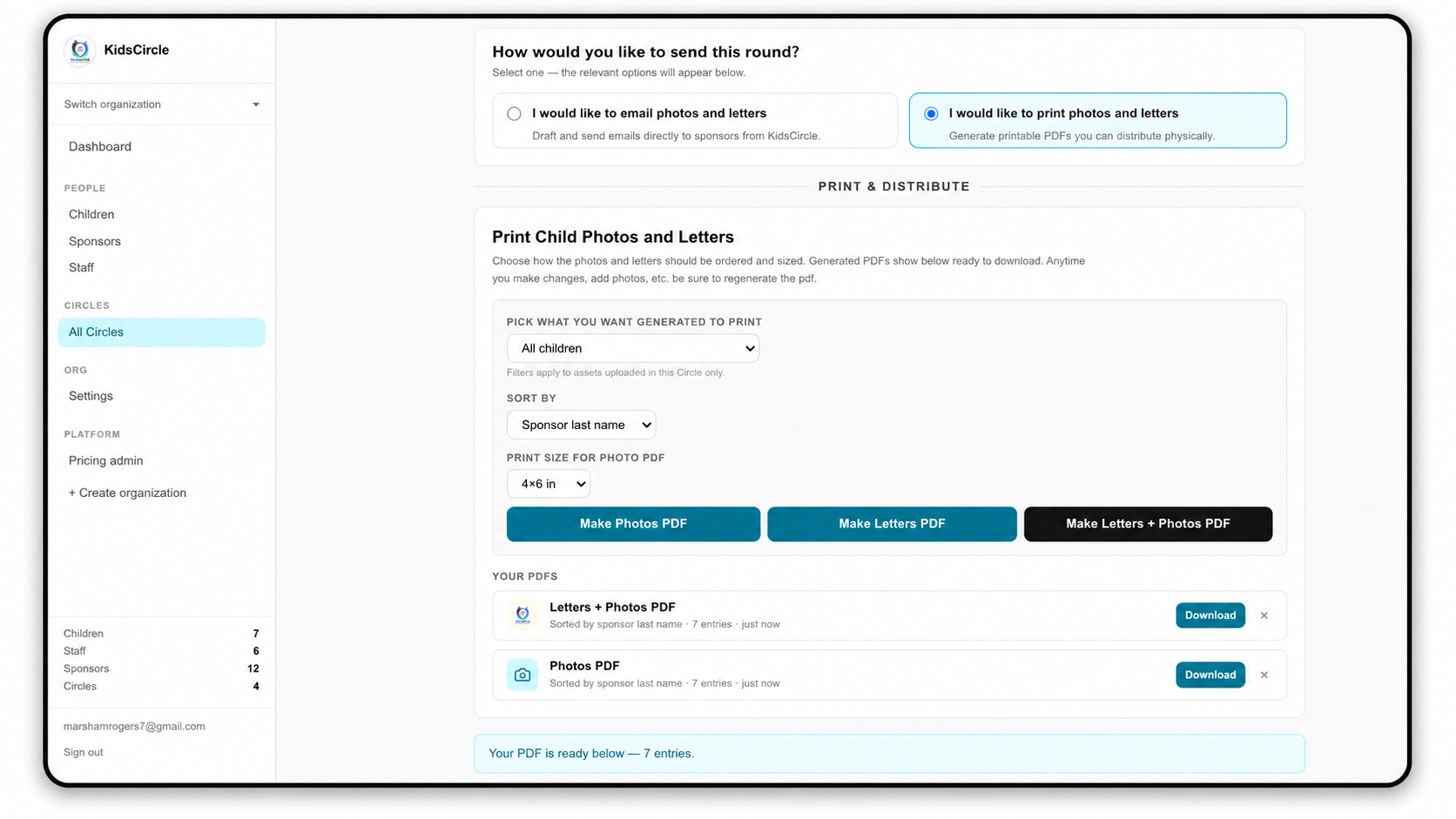 Print-ready PDF packets in KidsCircle