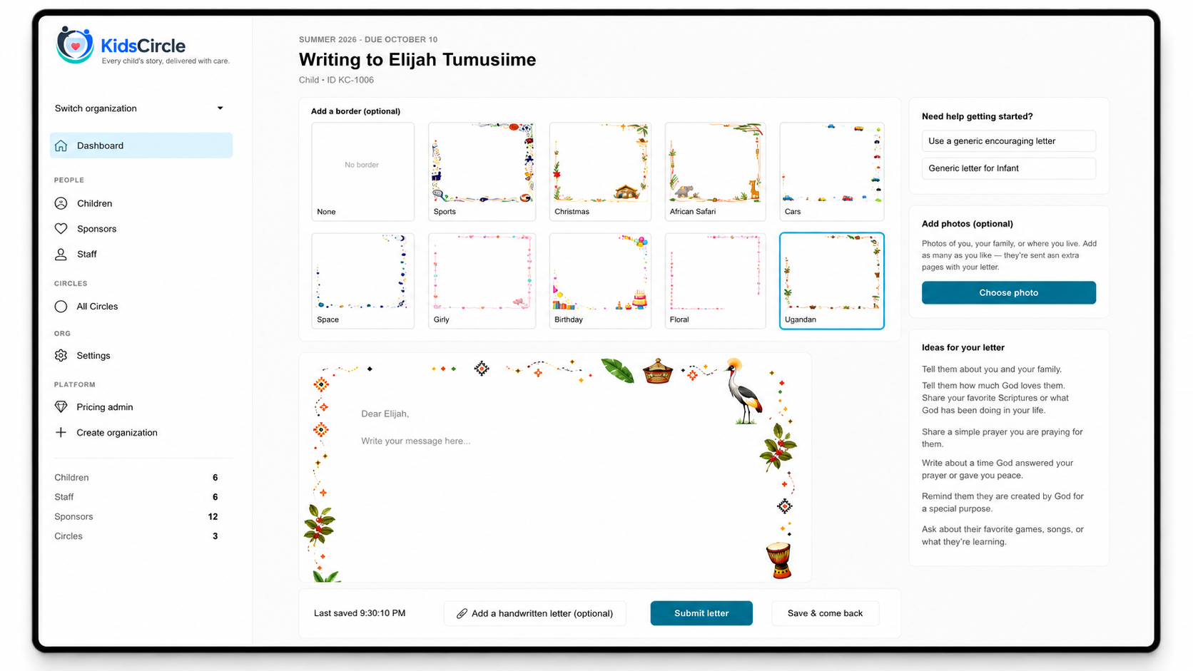 Sponsor writing a letter to a child in the KidsCircle portal